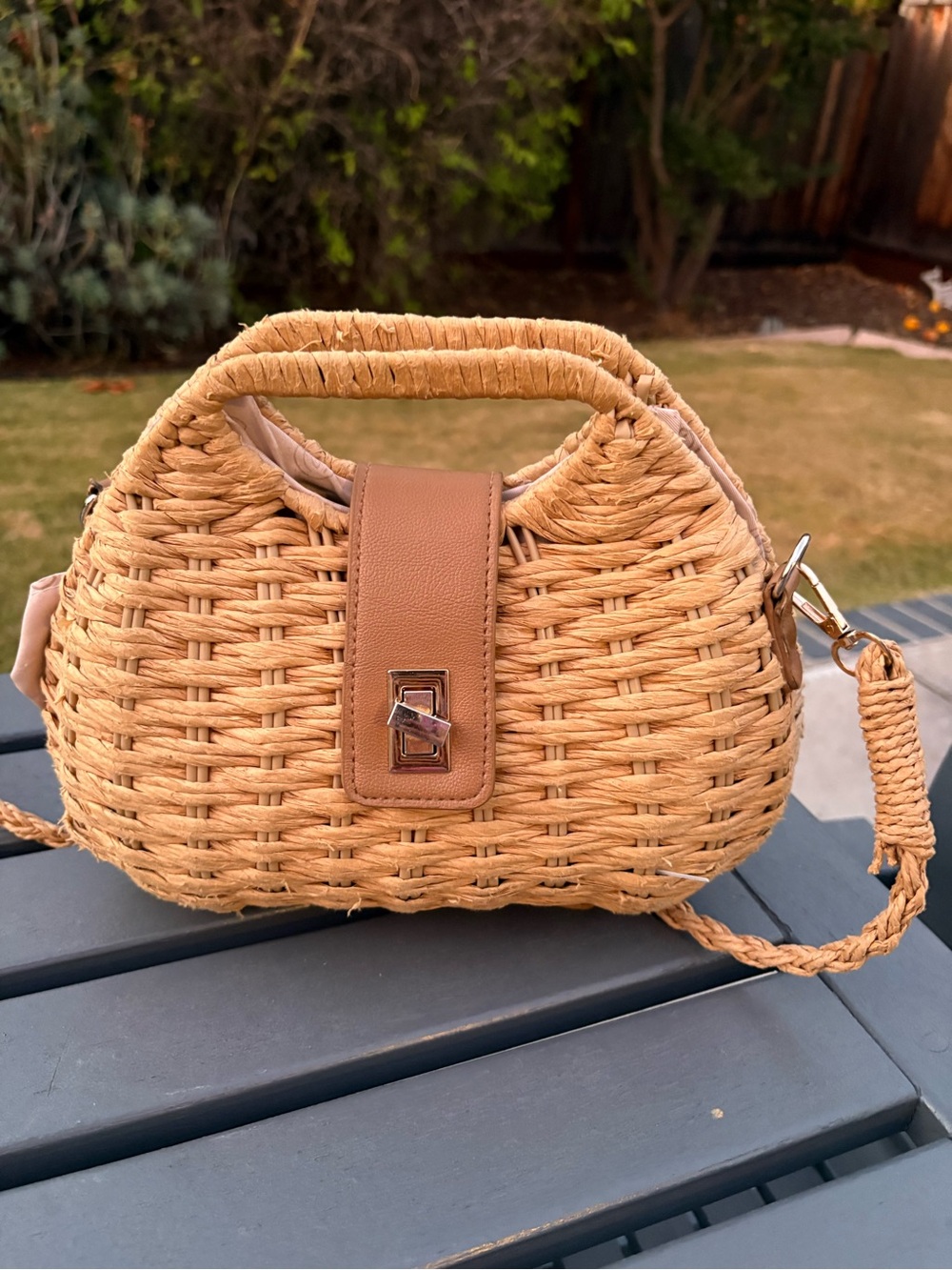 SHEIN Tan Woven Crossbody Bag with Leather Accent